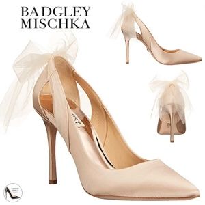 Badgley Mischka Kinsley Tulle Bow Detail Pumps Nude Stiletto Heel Evening Shoes